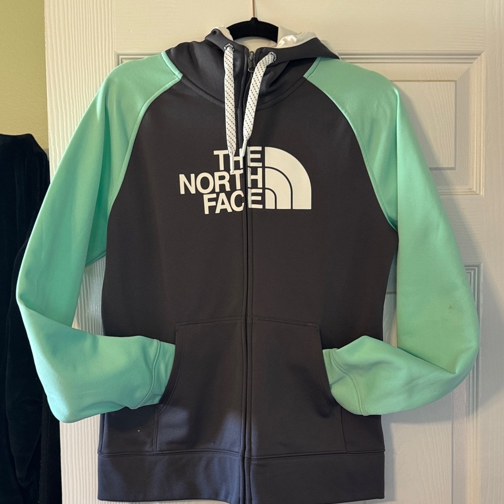 The North Face Gray Zip Hoodie with Mint Green Raglan Sleeves